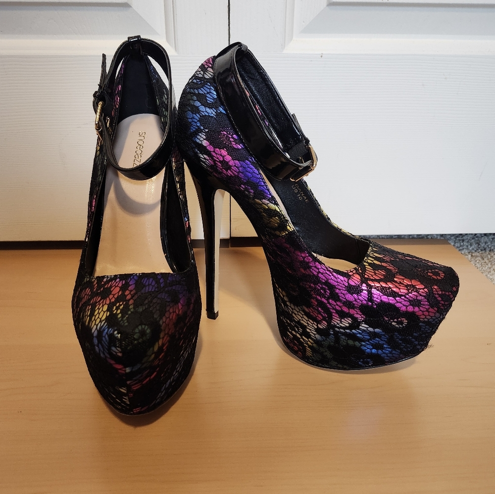 Shoe Dazzle lace rainbow colored high heels